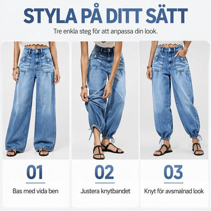 Tre steg som visar jeansen med rak vid passform, justering av knytfållen och avsmalnande look med knuten fåll. 8