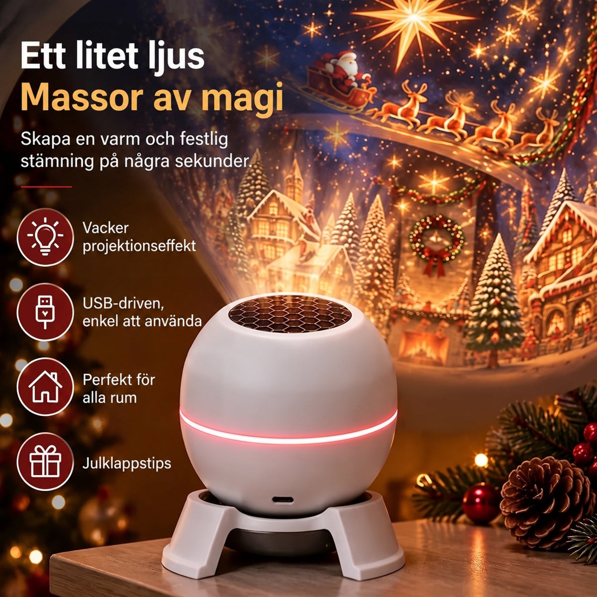 Närbild på den vita projektorn på sin fot med USB-uttag, medan julmotiv lyser upp bakgrunden bland kottar och granris. 2