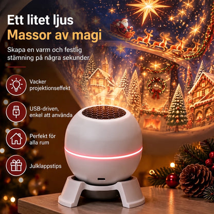 Närbild på den vita projektorn på sin fot med USB-uttag, medan julmotiv lyser upp bakgrunden bland kottar och granris. 2