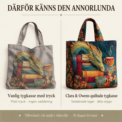 Jämförelsebild: en platt, tryckt tygväska i grått bredvid den vadderade, quiltade väskan med drakmotivet och sömmar i mörka, färgstarka tyger. 4