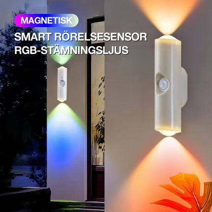 Vit vägglampa med rörelsesensor på vägg, lyser uppåt och nedåt i blått, grönt och orange 7
