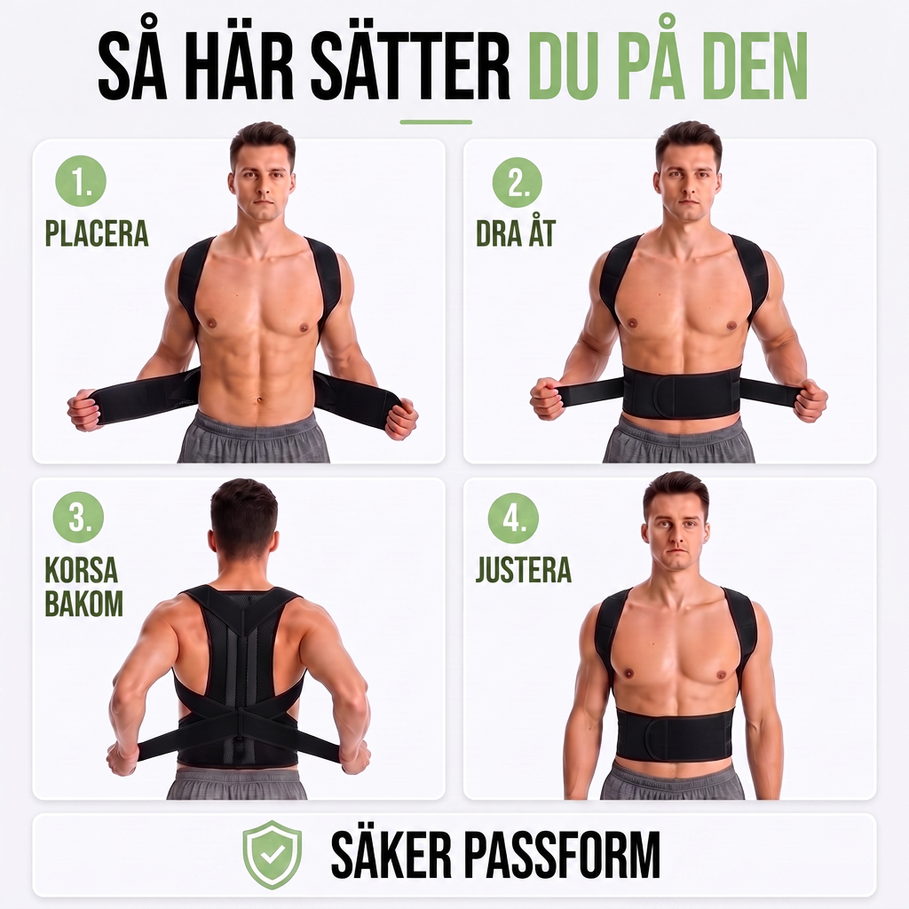 Fyra steg visar hur selen tas på: lägga an, dra åt, korsa banden bak och justera passformen. 8
