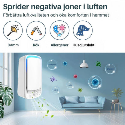 Illustration av jonisatorn i ett blått vardagsrum med symboler för damm, rök, allergener och djurlukt 8