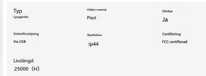 Tabell med produktfakta: gardinljus, plastskal, dimbar, USB-driven, IP44-skydd och livslängd på 25 000 timmar 10
