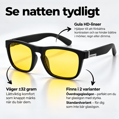 Glasögon med matt svart fyrkantig båge och gula glas, med pilar som pekar ut linser, vikt och varianter. 5