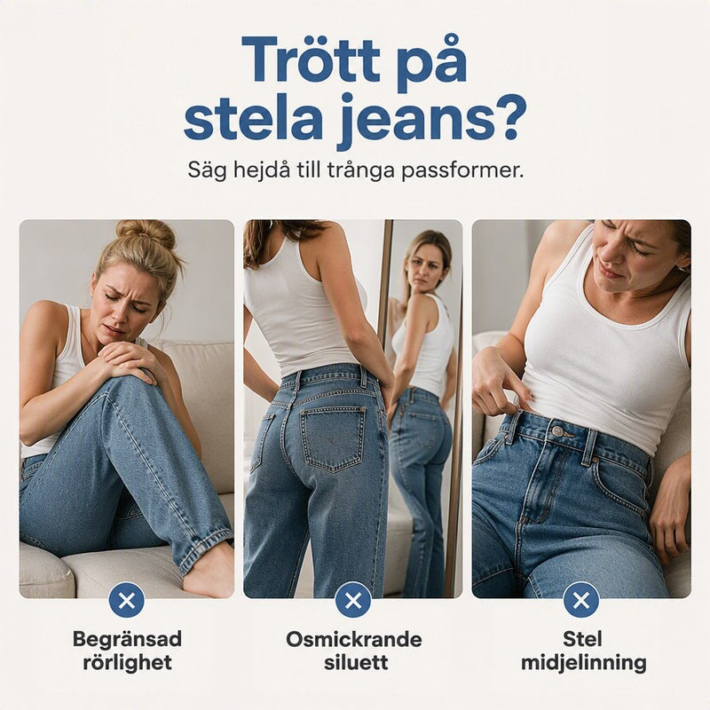Tre bilder av kvinnor i stela, åtsittande jeans som visar obehag vid rörelse, en oflatterande passform och ett hårt midjeband. 3
