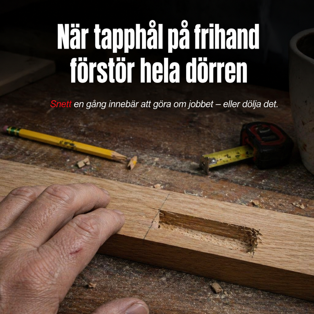 Närbild på en ojämn, flisig frihandsfräst urtagning i ett ekämne, med penna och måttband på arbetsbänken bredvid. 2