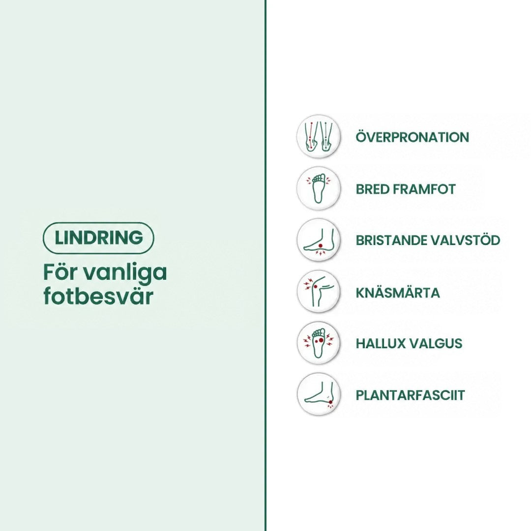 Informationsbild med ikoner över vanliga fotbesvär som skorna ska lindra, till exempel kraftig pronation, breda framfötter och hälsporre. 21
