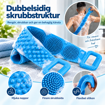 Närbild av skrubbens två sidor, mjuka nopp och finare borststruktur, med man som skrubbar ryggen 7