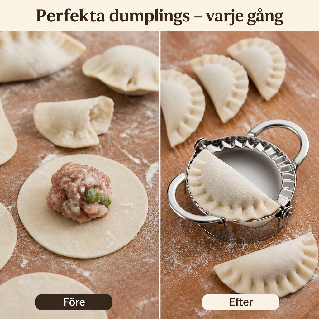 Före och efter: till vänster en degplatta med köttfyllning och skeva dumplings, till höger jämna veckade dumplings med formen. 4
