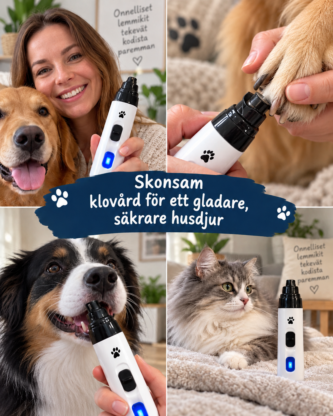Kollage med leende kvinna och hund, filning av klor, en trefärgad hund och en katt bredvid klofilen 13