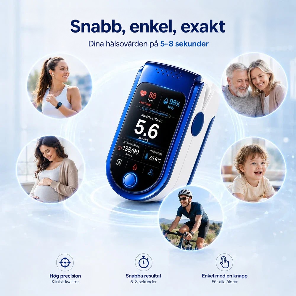 Enheten omgiven av runda bilder på en löpare, ett äldre par, en gravid kvinna, ett barn och en cyklist. 9