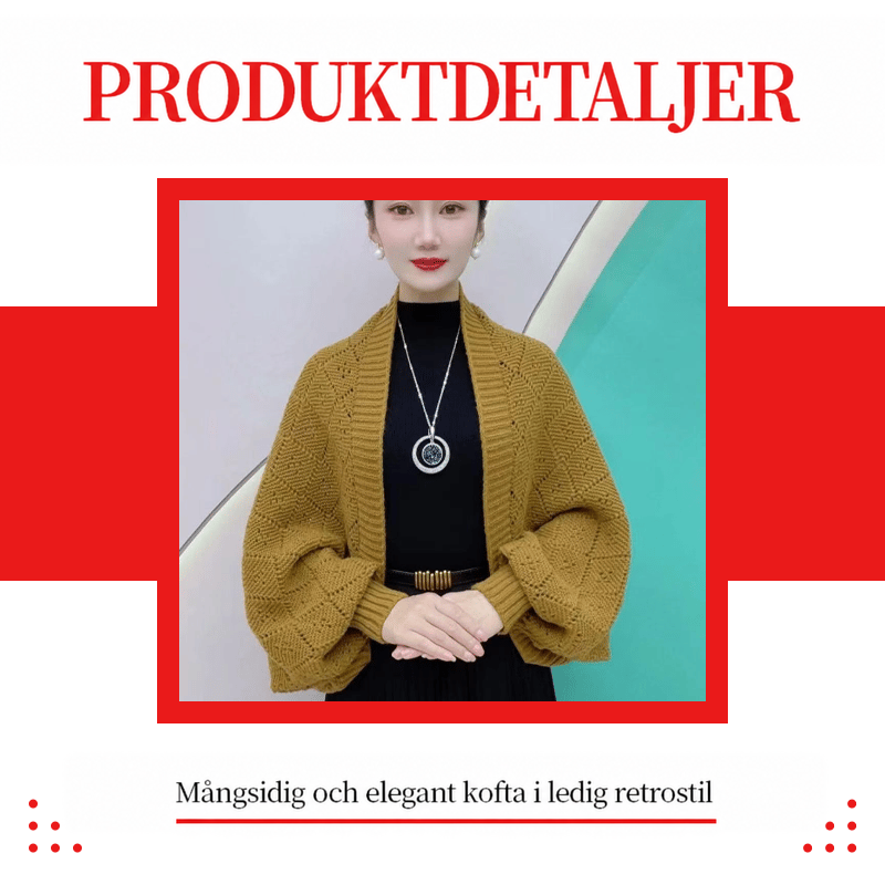 Senapsgul kofta med öppen stickning buren av modell, inramad av röd grafisk bakgrund 14