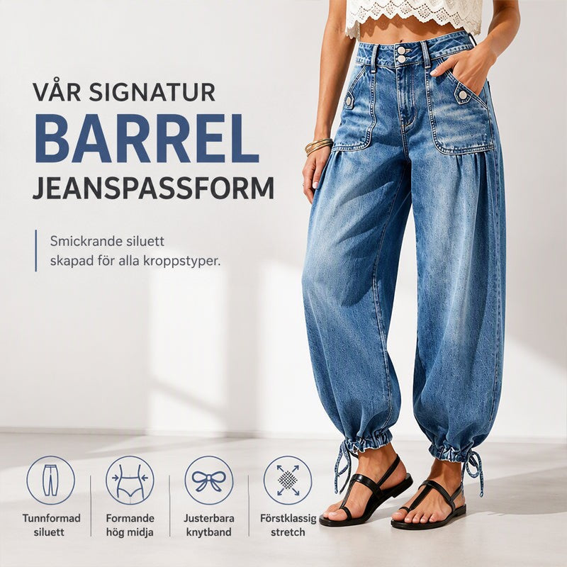 Modell i blå barrel-jeans med knäppta framfickor och knytband vid fållen, med ikoner som visar passform, hög midja och stretch. 1