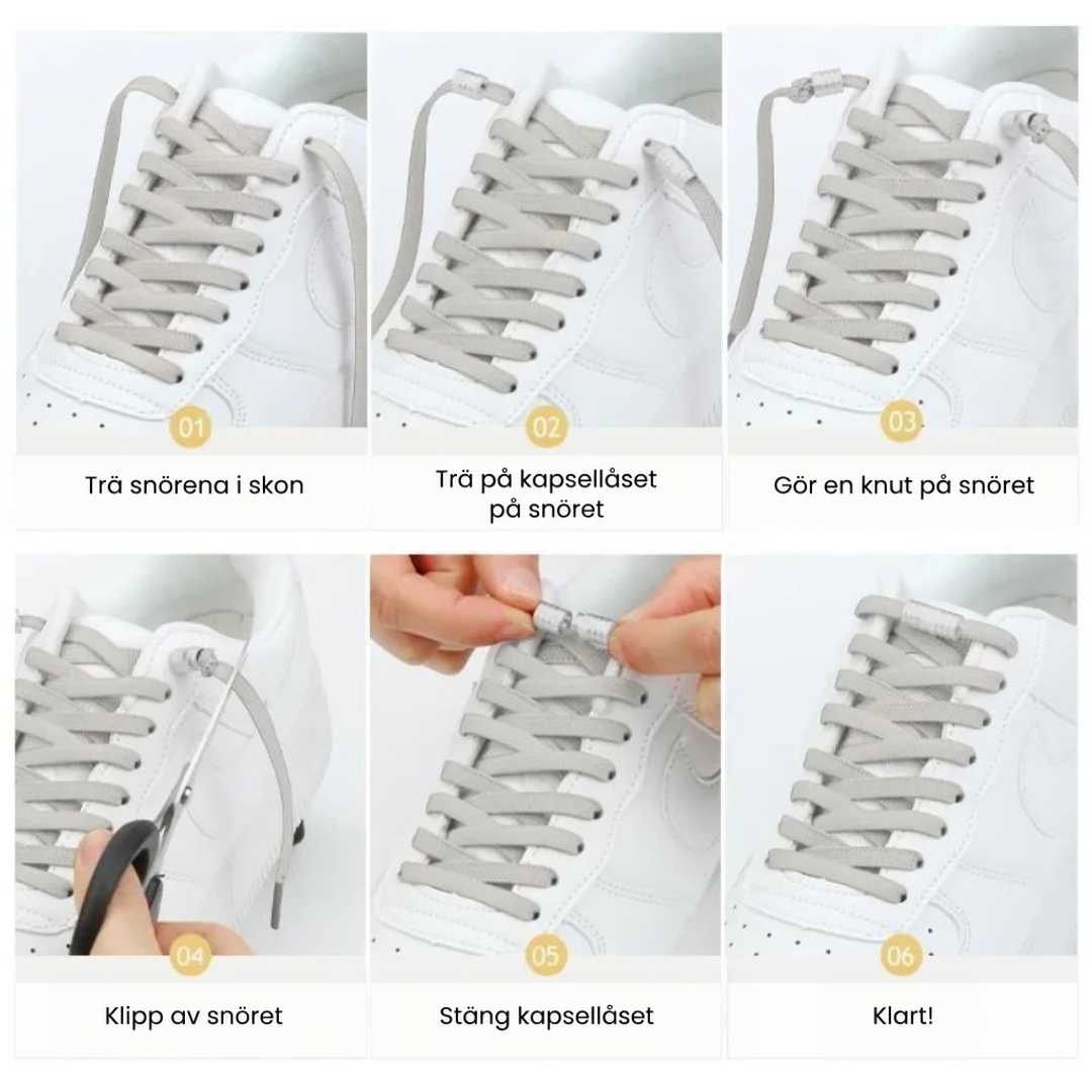 Sexstegsguide med bilder som visar hur snörena trätts och låses med metallhylsan 2