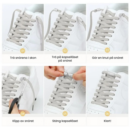 Sexstegsguide med bilder som visar hur snörena trätts och låses med metallhylsan 2
