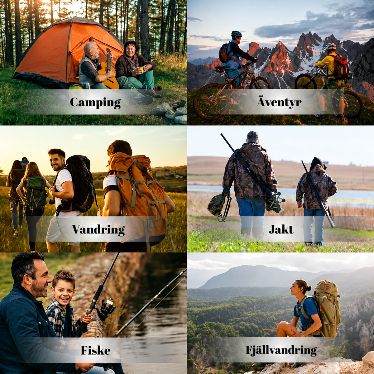 Sex rutor med människor som campar, cyklar, vandrar, jagar, fiskar och backpackar i naturen 7