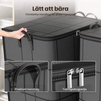 Närbild på en hand som lyfter det förstärkta handtaget på påsens lock, med detaljer på handtaget och dragkedjan med två dragare. 8