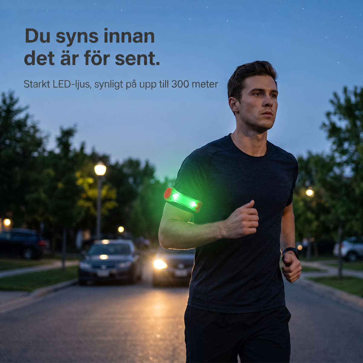 Man joggar i skymningen på en gata med armbandet runt överarmen, som lyser grönt 2