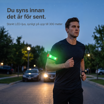 Man joggar i skymningen på en gata med armbandet runt överarmen, som lyser grönt 2