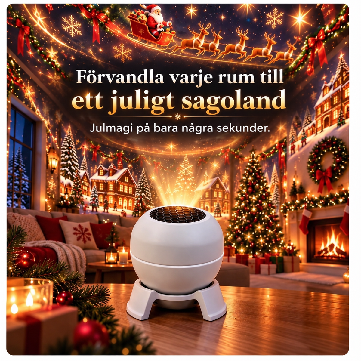 Vit projektor på en bordsyta med glödande ljus, som fyller vardagsrummets väggar och tak med julmotiv och tomte med renar. 2