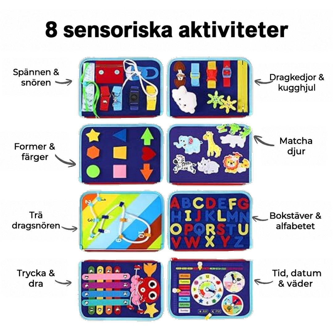 Översikt över bokens åtta aktivitetssidor med spännen, formsorterare, djur, snörning, bokstäver, skjutreglage och klocka 6
