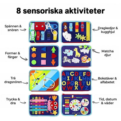 Översikt över bokens åtta aktivitetssidor med spännen, formsorterare, djur, snörning, bokstäver, skjutreglage och klocka 6