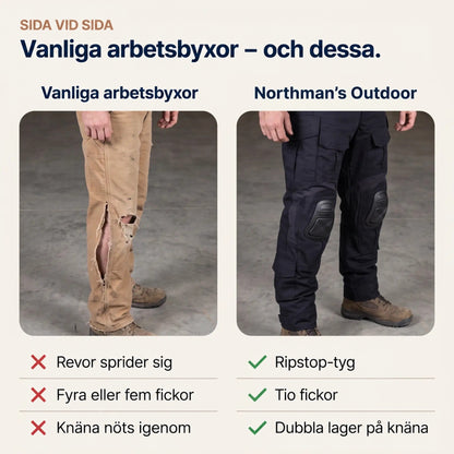 Jämförelsebild: till vänster slitna, sönderrivna bruna arbetsbyxor, till höger mörka byxor med knäskydd och hela ben. 6