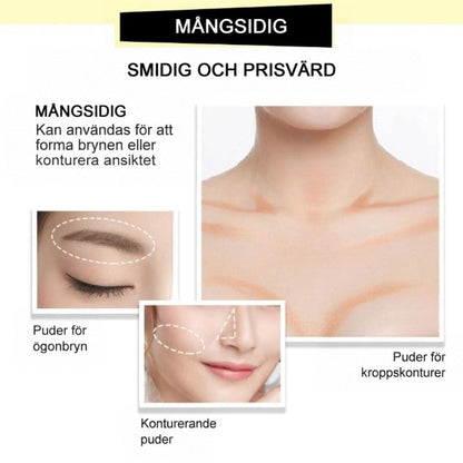Collage som visar att pudret även kan användas på ögonbryn, till att skugga ansiktet och på nyckelbenen. 3