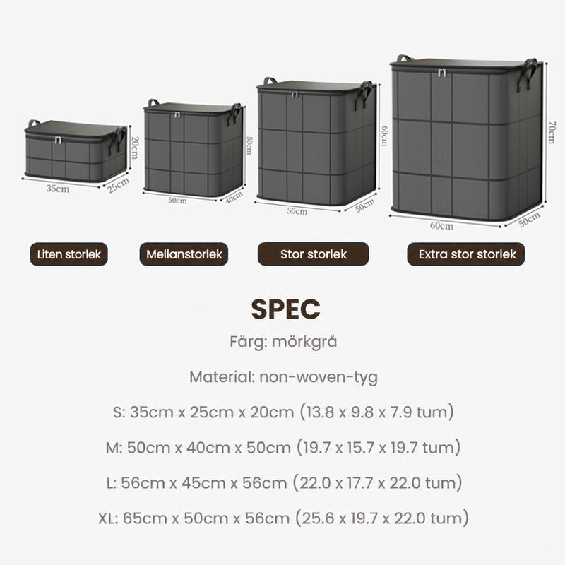 Fyra förvaringspåsar i storlekarna small, medium, large och extra large, uppradade med mått och en lista över material och mått. 12