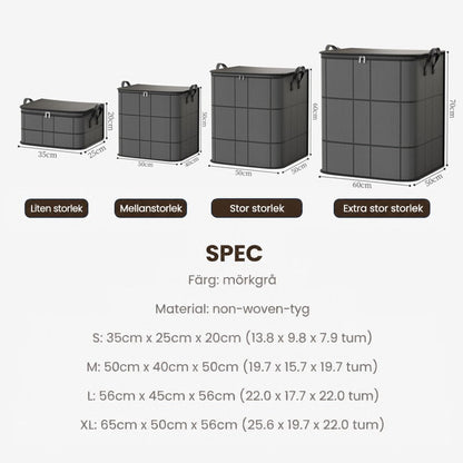 Fyra förvaringspåsar i storlekarna small, medium, large och extra large, uppradade med mått och en lista över material och mått. 12