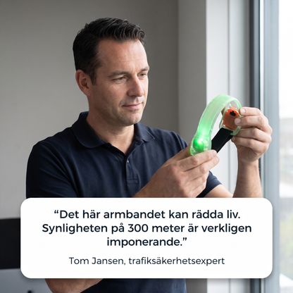 Man i mörk pikétröja håller upp det gröna lysande armbandet och betraktar det vid ett fönster 7