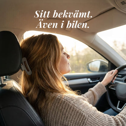 Kvinna kör bil med håret uppsatt i en grå klämma som vilar mot nackstödet 2