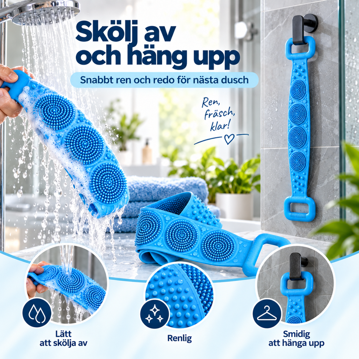 Blå skrubb sköljs under duschen, ligger på bänken och hänger på en krok i duschen 4