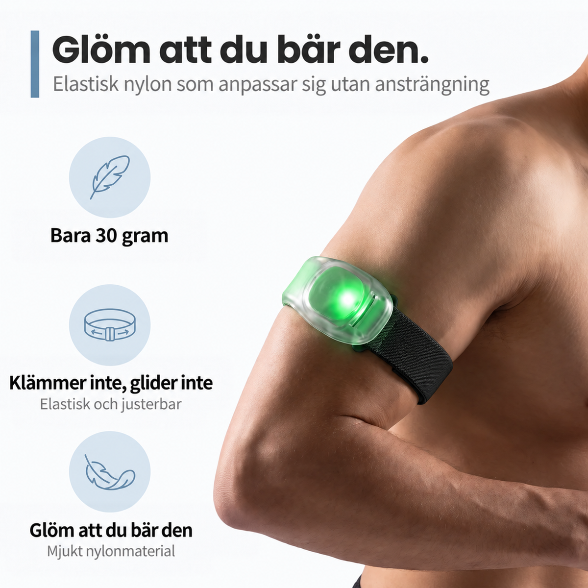 Närbild på en överarm med armbandet som lyser grönt, med ikoner för vikt och passform 4