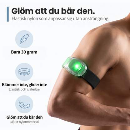 Närbild på en överarm med armbandet som lyser grönt, med ikoner för vikt och passform 4