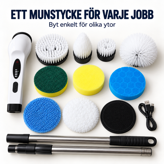 Handenheten, två skaftdelar, laddkabel och flera borstar och svampar i olika färger utlagda på vit bakgrund 2