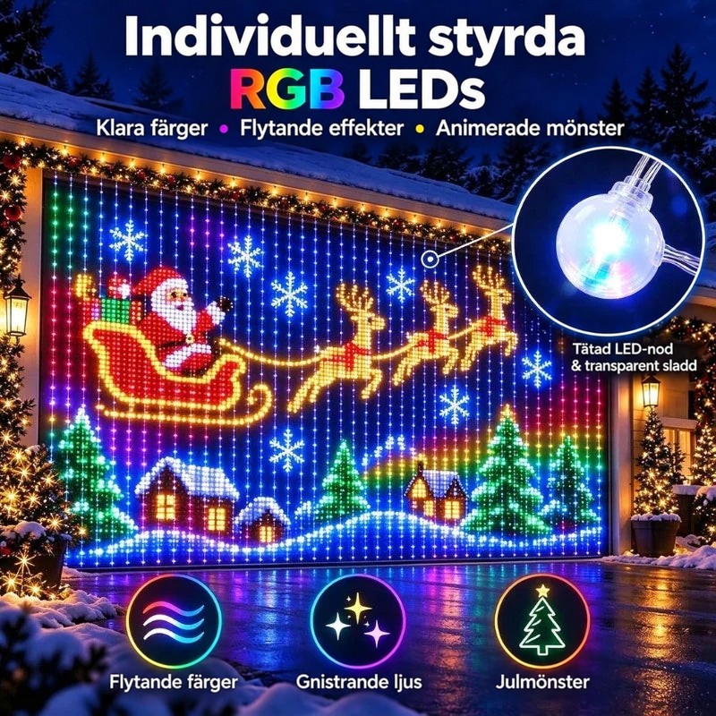 Ljusgardin på en garageport visar tomten i släde med renar, med inzoomad förstoring av en tät LED-lampa 4