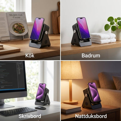 Fyra bilder av ställen med mobil i kök, badrum, vid skrivbord och på nattduksbord 6