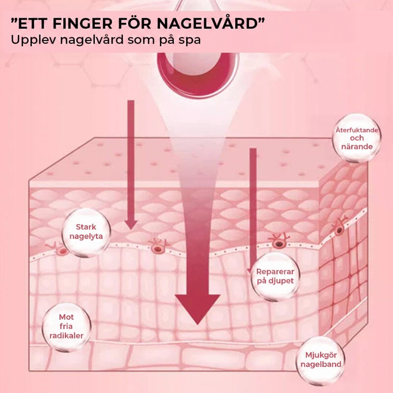 Rosa tvärsnittsillustration av huden där en droppe tränger ner genom lagren, med förklarande etiketter 7