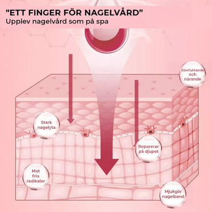 Rosa tvärsnittsillustration av huden där en droppe tränger ner genom lagren, med förklarande etiketter 7