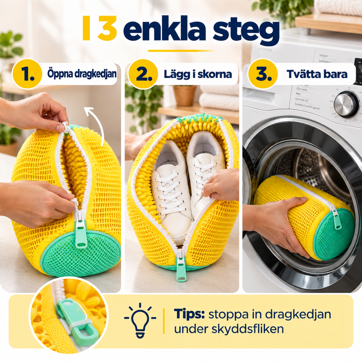 Tre steg i bild: öppna blixtlåset, lägg i skorna, lägg påsen i tvättmaskinen; detalj av dragkedjan 6