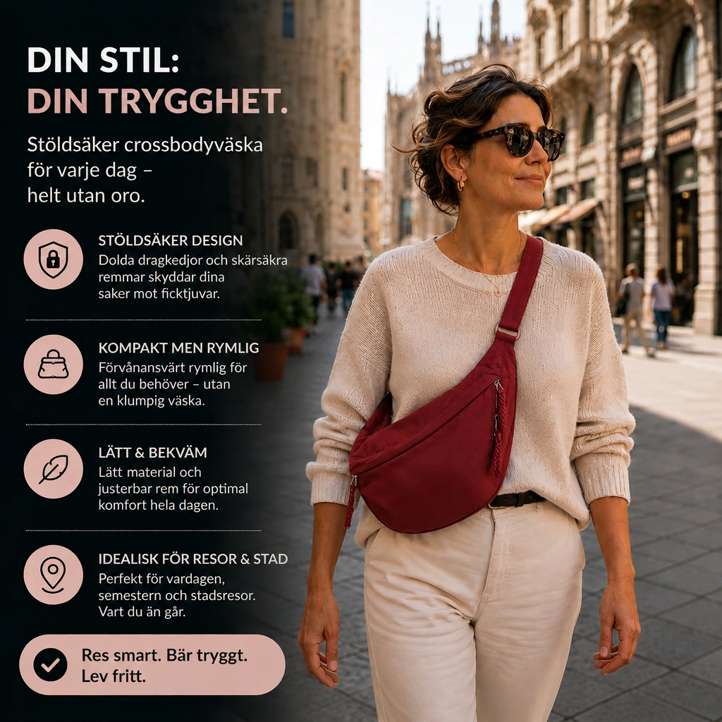 Kvinna med solglasögon och beige stickad tröja bär den röda väskan snett över bröstet på en stadsgata, med puffar om egenskaper. 2