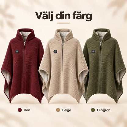 Tre ponchofiltar bredvid varandra i rött, beige och olivgrönt, alla med dragkedja och strömknapp 3