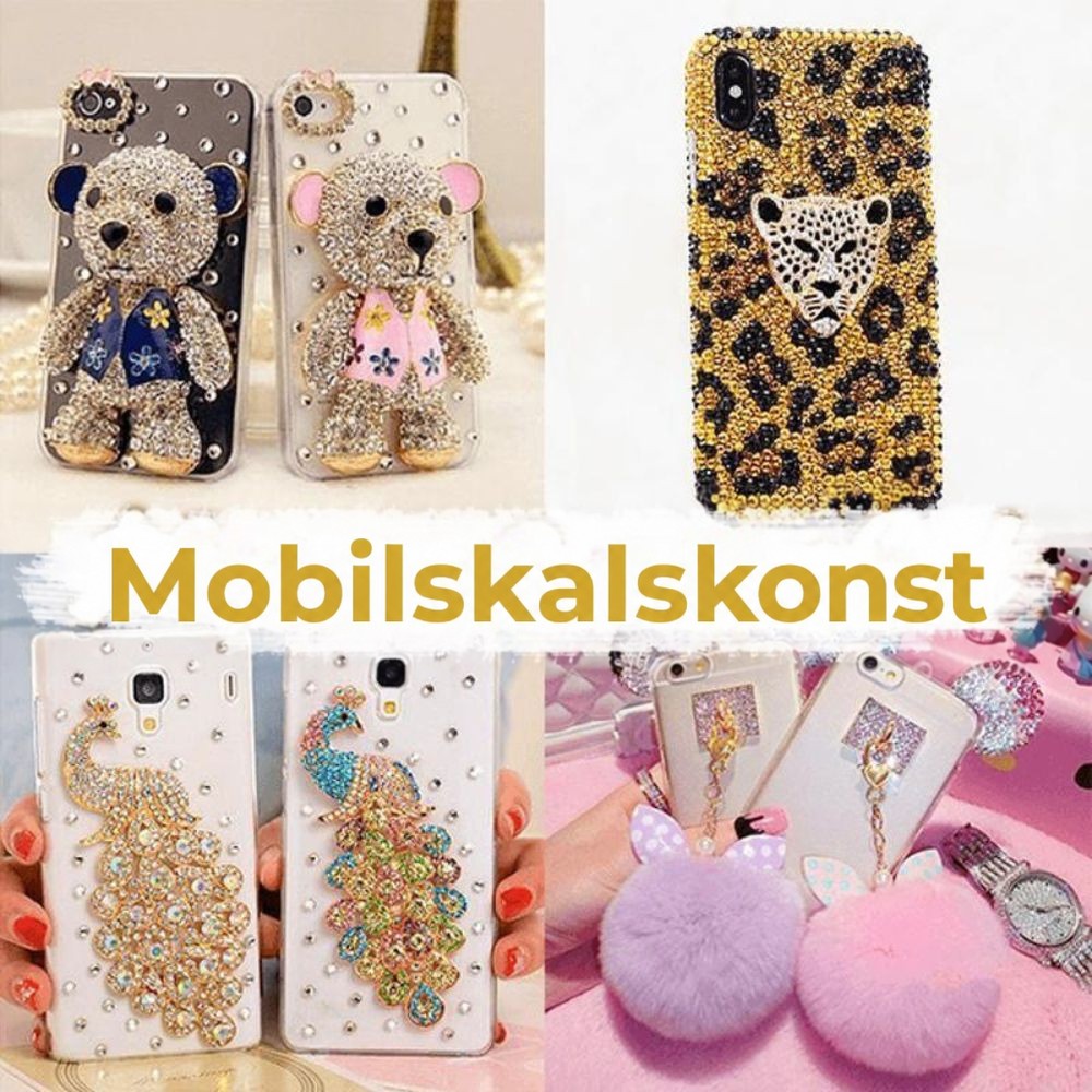 Fyra mobilskal dekorerade med strasstenar: nallebjörnar, leopardmönster, påfåglar och luddiga pompoms 4