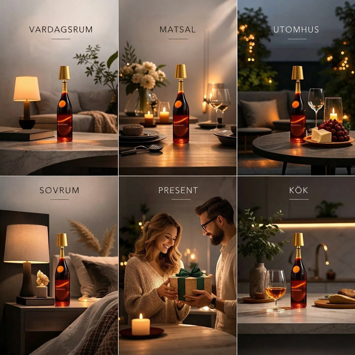 Sex bilder med flasklampan i vardagsrum, matsal, utomhus, sovrum, som present och i köket 5