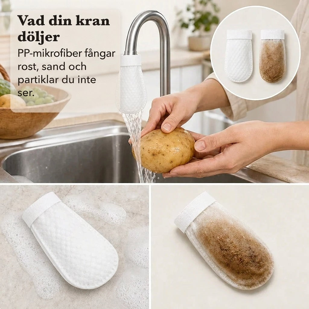 Filterpåse på kranen medan en potatis sköljs, plus jämförelse mellan ett rent och ett smutsbrunt använt filter. 4