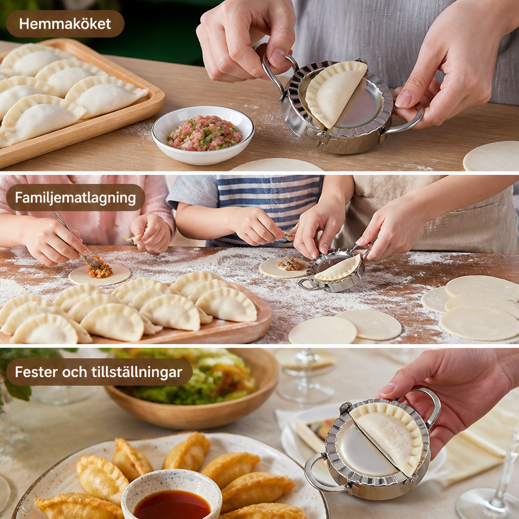 Tre användningssituationer: händer som formar dumplings hemma, en familj som lagar mat tillsammans och formen på en festmiddag. 5