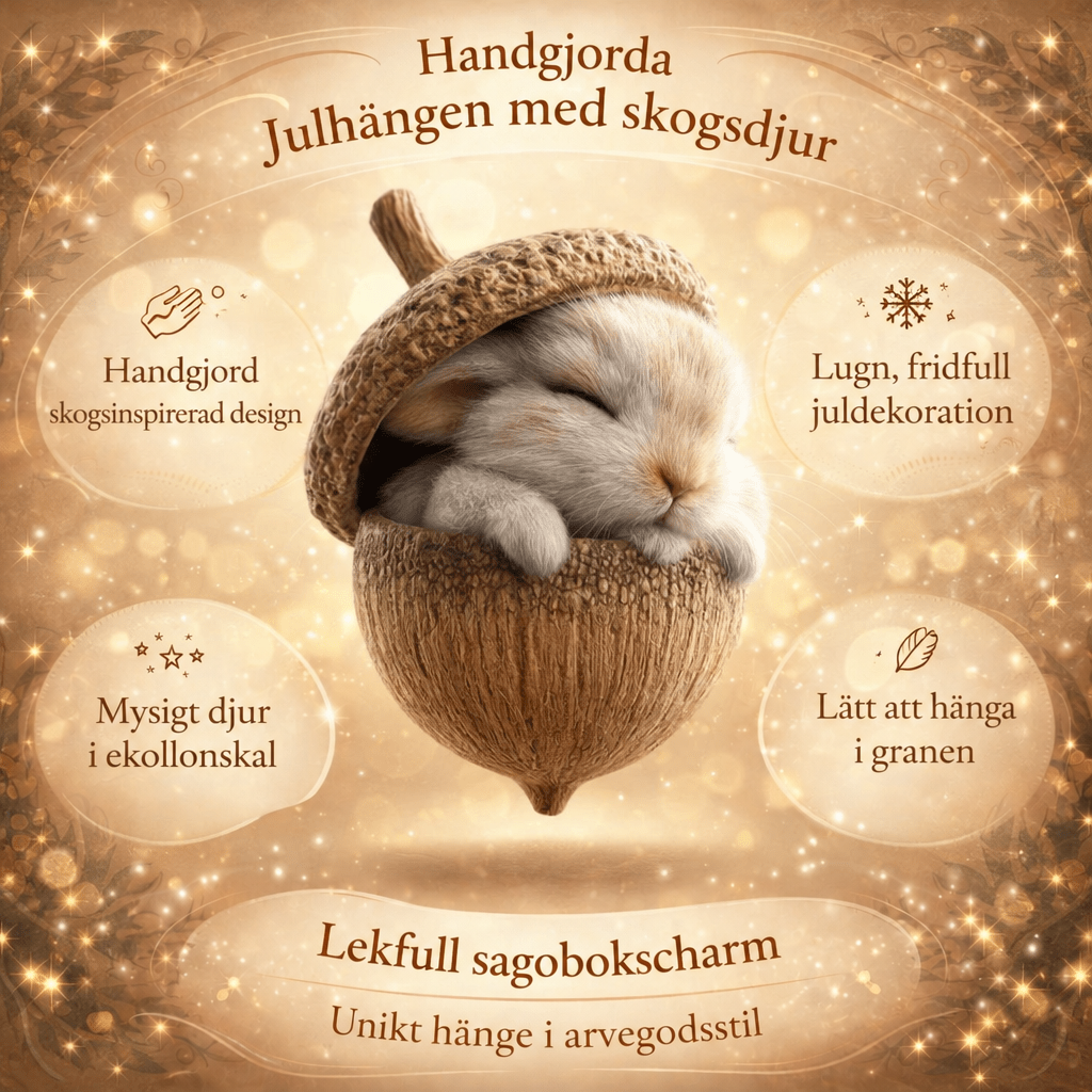 Informationsbild med kanin i ekollon i mitten, omgiven av textrutor och glitter 7