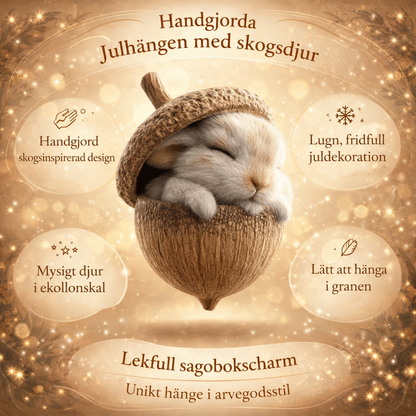 Informationsbild med kanin i ekollon i mitten, omgiven av textrutor och glitter 7